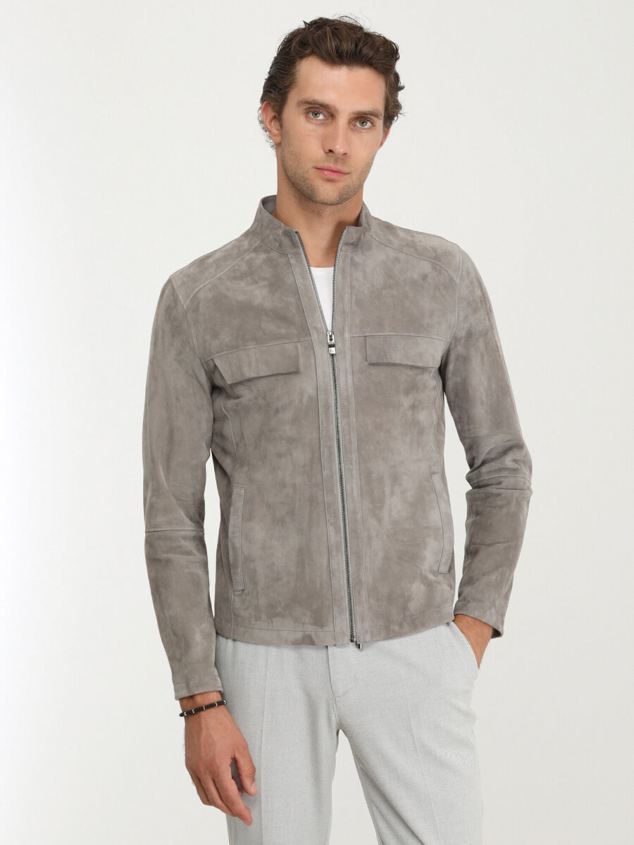 Gri Regular Fit Dik Yaka Smart Casual Deri Deri Mont - 2