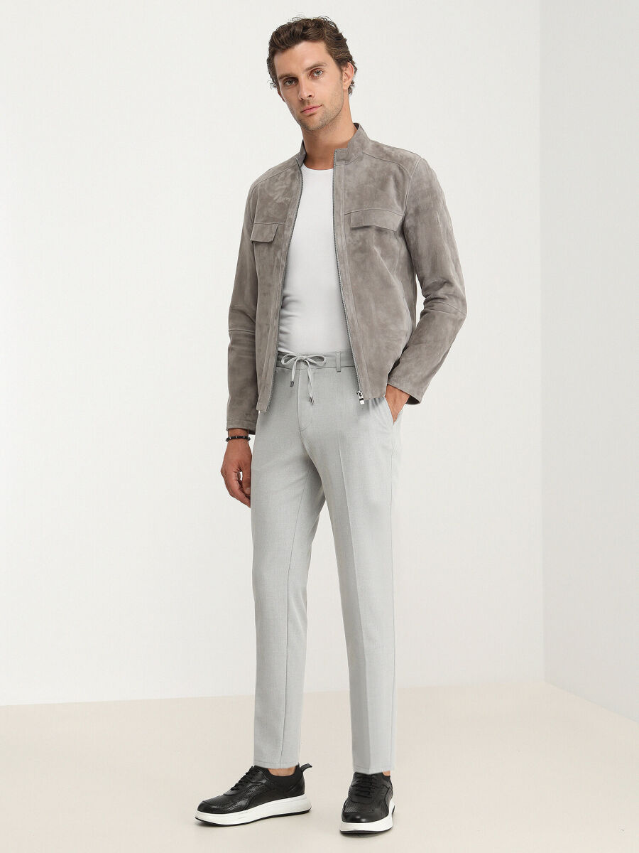 Gri Regular Fit Dik Yaka Smart Casual Deri Deri Mont - 3