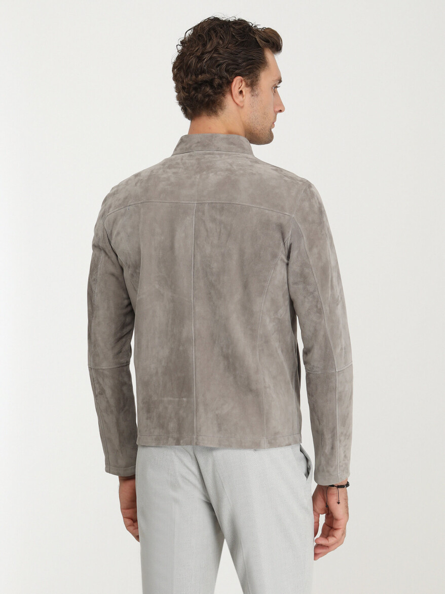 Gri Regular Fit Dik Yaka Smart Casual Deri Deri Mont - 5