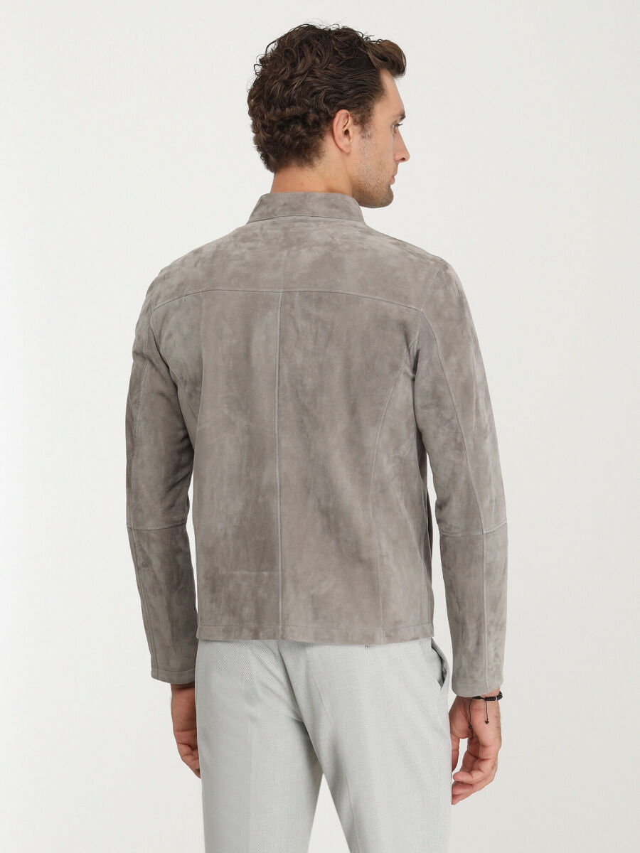 Gri Regular Fit Dik Yaka Smart Casual Deri Deri Mont - 5