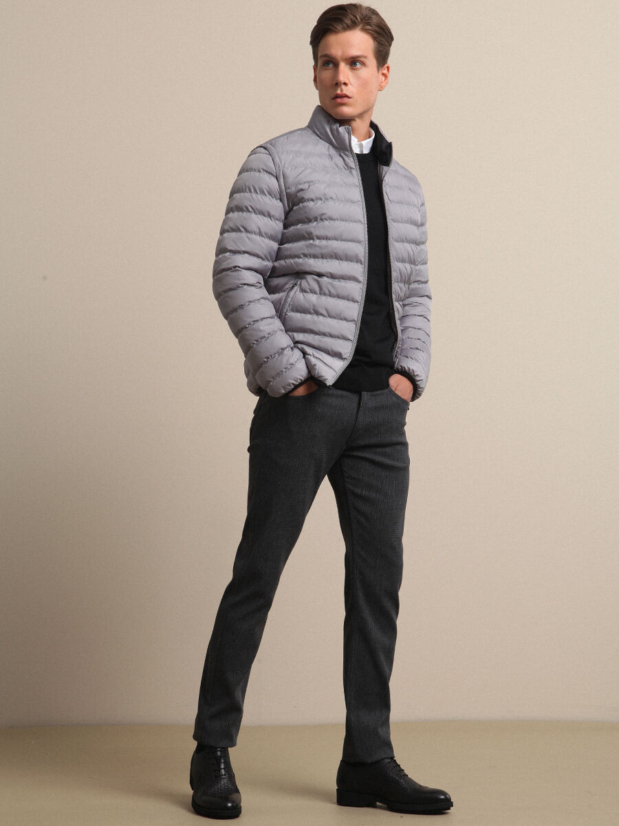 Gri Regular Fit Dik Yaka Smart Casual Dokuma Mont
