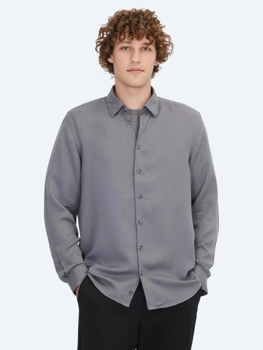 Gri Regular Fit Dokuma Casual Gömlek - 1