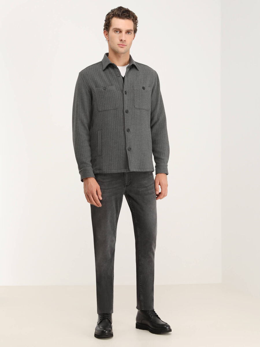 Gri Regular Fit Dokuma Overshırt - 2