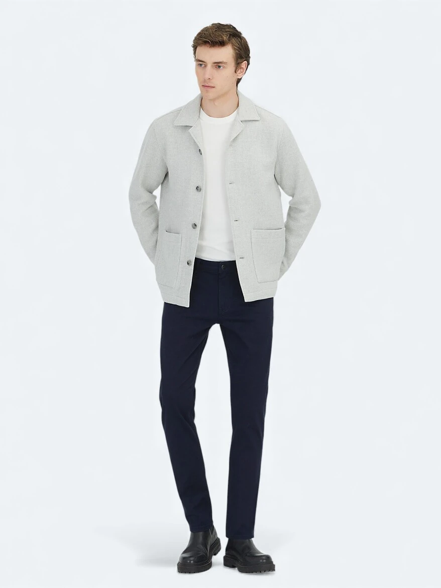 Gri Regular Fit Dokuma Yün Karışımlı Overshırt - 4