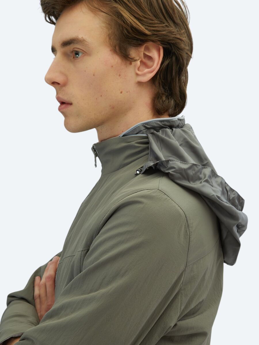 Gri Regular Fit Gizli Kapüşon Casual Dokuma Çift Taraflı Mont - 8