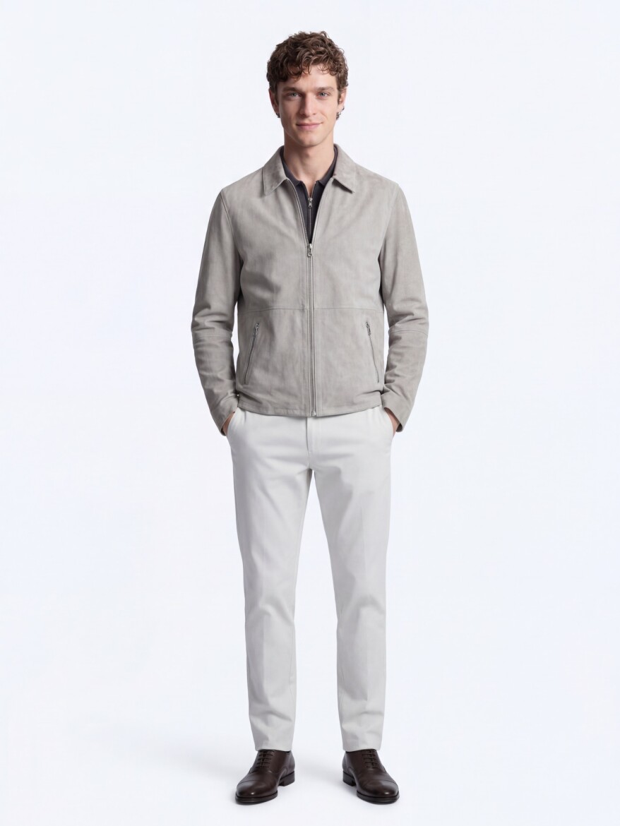 Gri Regular Fit Gömlek Yaka Smart Casual Çift Taraflı Deri Mont - 3