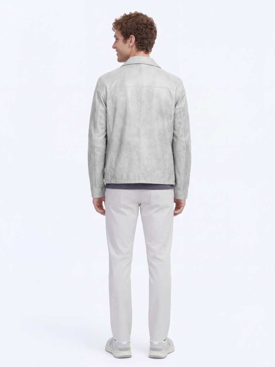 Gri Regular Fit Gömlek Yaka Smart Casual Çift Taraflı Deri Mont - 7