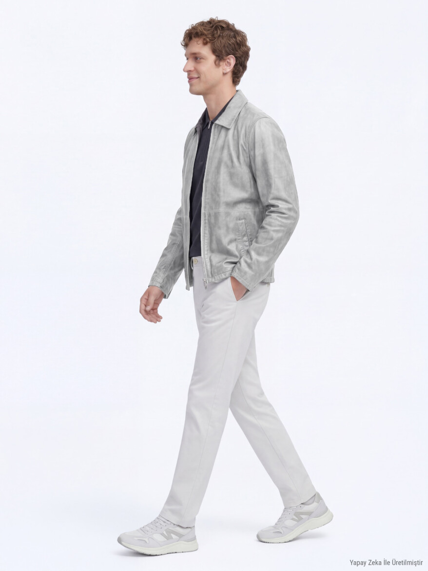 Gri Regular Fit Gömlek Yaka Smart Casual Çift Taraflı Deri Mont - 4