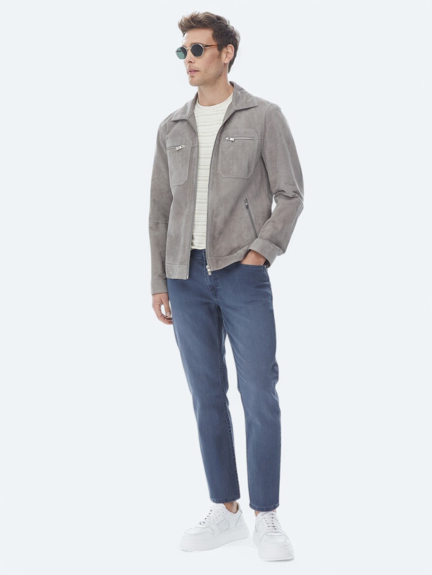 Gri Regular Fit Gömlek Yaka Smart Casual Deri Mont - 4