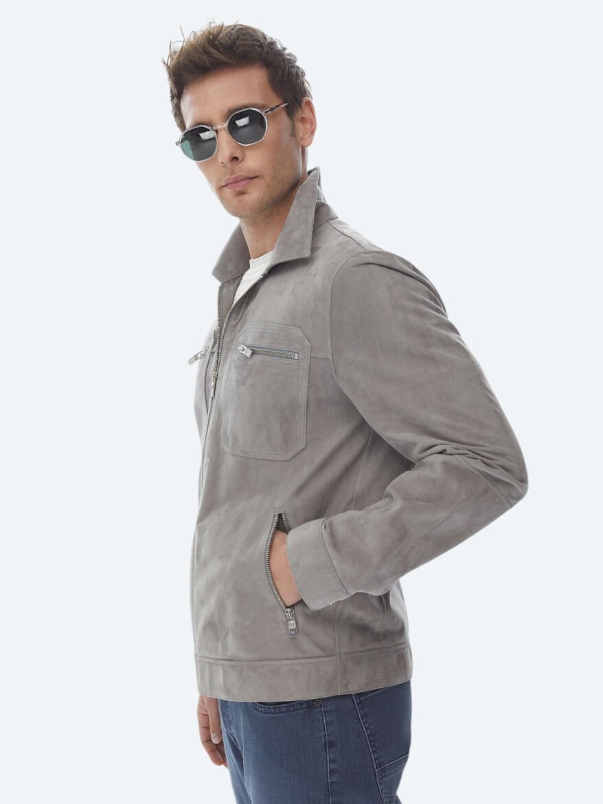 Gri Regular Fit Gömlek Yaka Smart Casual Deri Mont - 9