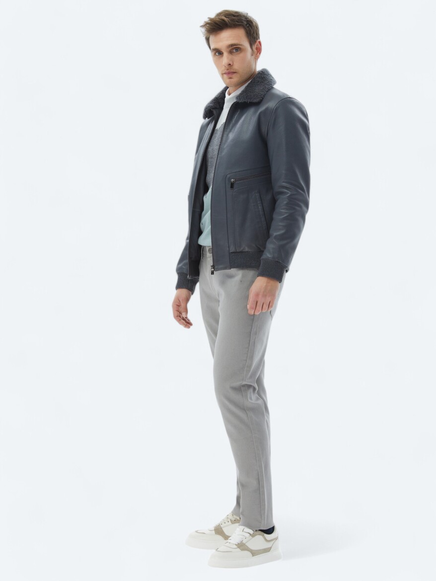 Gri Regular Fit Smart Casual Koyun Derisi Deri Mont - 3