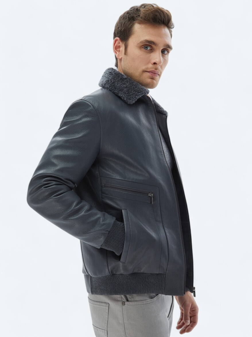 Gri Regular Fit Smart Casual Koyun Derisi Deri Mont - 6