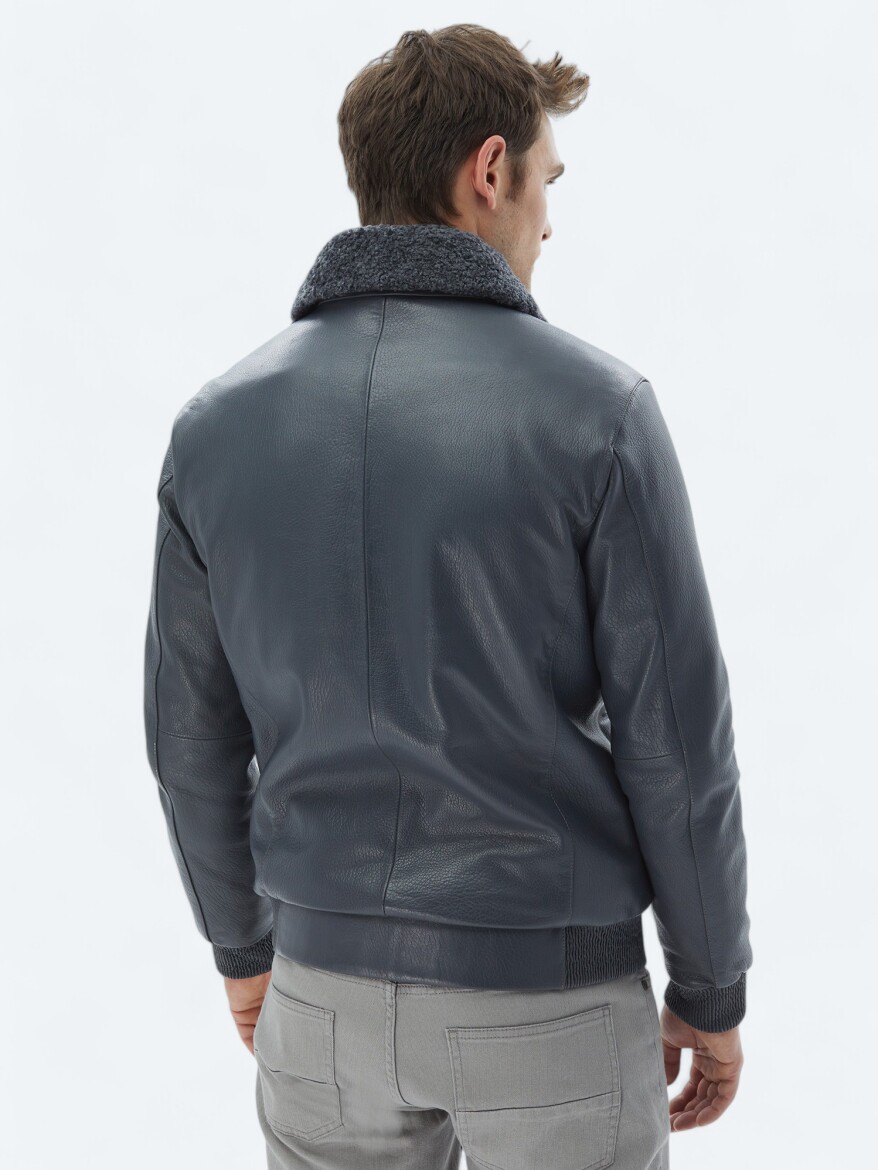 Gri Regular Fit Smart Casual Koyun Derisi Deri Mont - 7