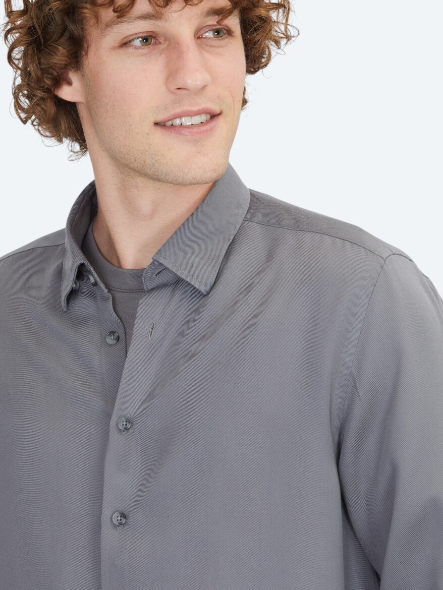 Gri Regular Fit Uzun Dokuma Casual Gömlek - 4