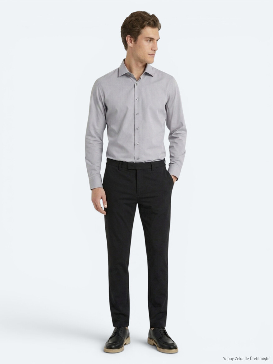 Gri Regular Fit Uzun Dokuma Casual Pamuk Karışımlı Gömlek 