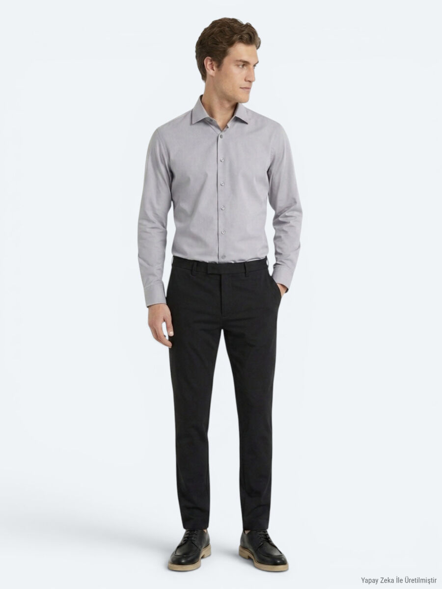 Gri Regular Fit Uzun Dokuma Casual Pamuk Karışımlı Gömlek - 1