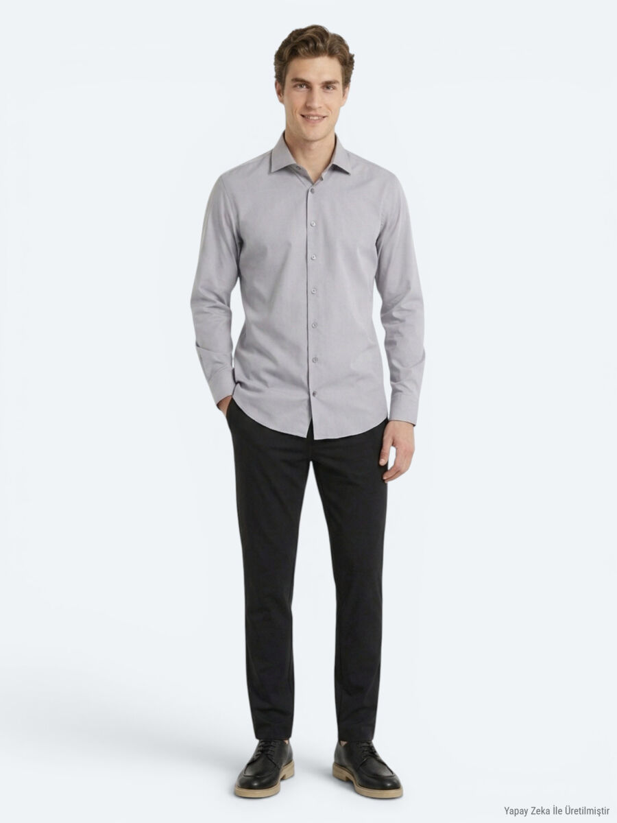 Gri Regular Fit Uzun Dokuma Casual Pamuk Karışımlı Gömlek - 2