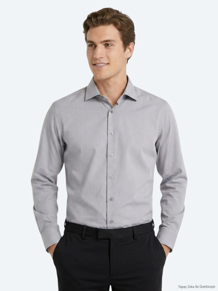 Gri Regular Fit Uzun Dokuma Casual Pamuk Karışımlı Gömlek - 3