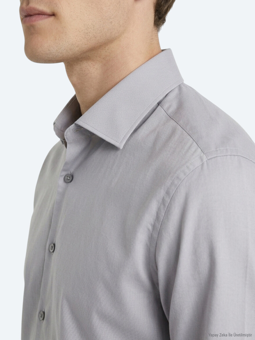 Gri Regular Fit Uzun Dokuma Casual Pamuk Karışımlı Gömlek - 4