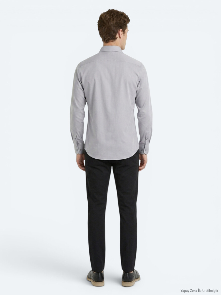 Gri Regular Fit Uzun Dokuma Casual Pamuk Karışımlı Gömlek - 5