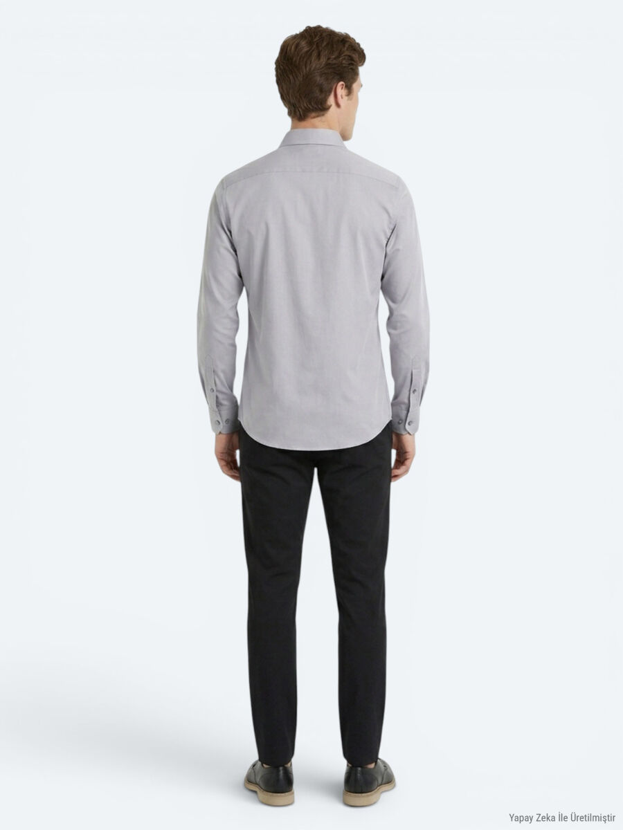 Gri Regular Fit Uzun Dokuma Casual Pamuk Karışımlı Gömlek - 5