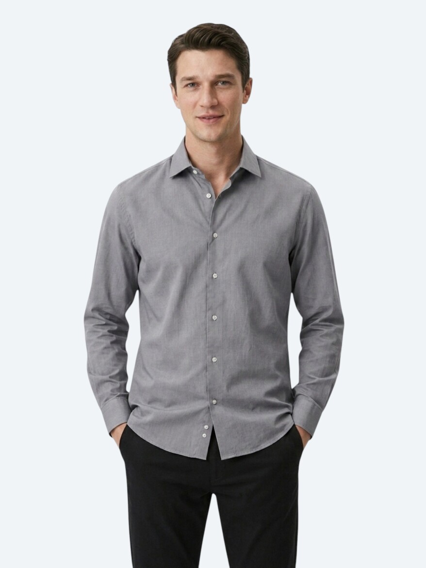 Gri Regular Fit Uzun Dokuma Casual Pamuk Karışımlı Gömlek - KİP