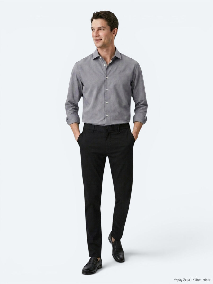Gri Regular Fit Uzun Dokuma Casual Pamuk Karışımlı Gömlek - 2