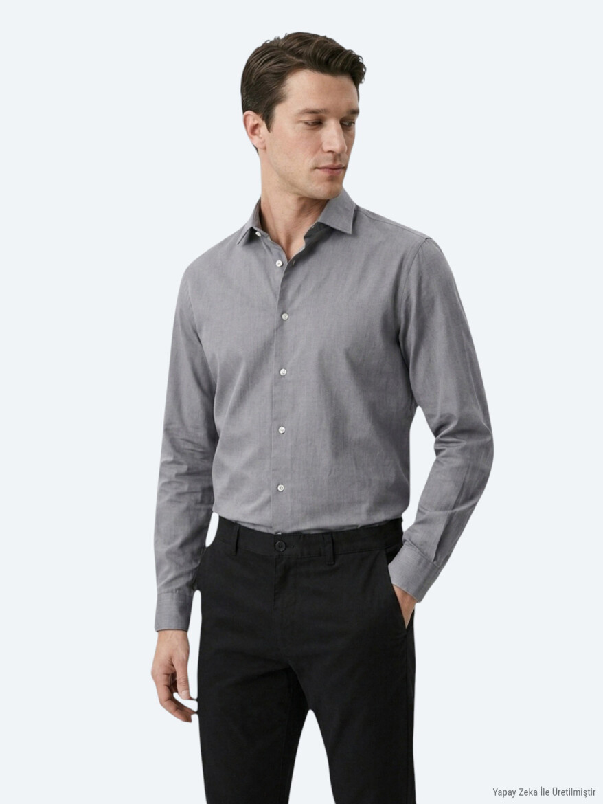 Gri Regular Fit Uzun Dokuma Casual Pamuk Karışımlı Gömlek - 3