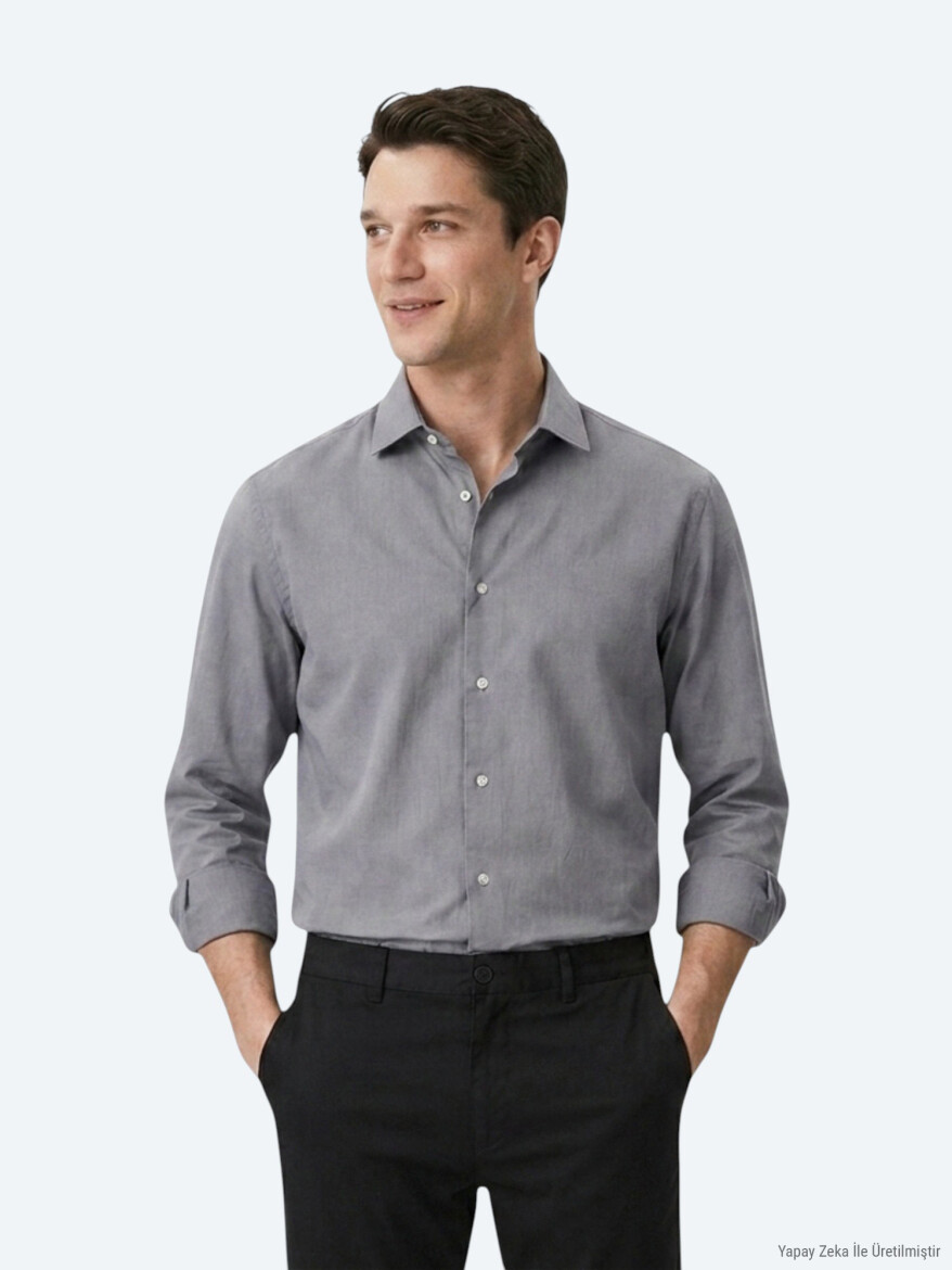 Gri Regular Fit Uzun Dokuma Casual Pamuk Karışımlı Gömlek - 4