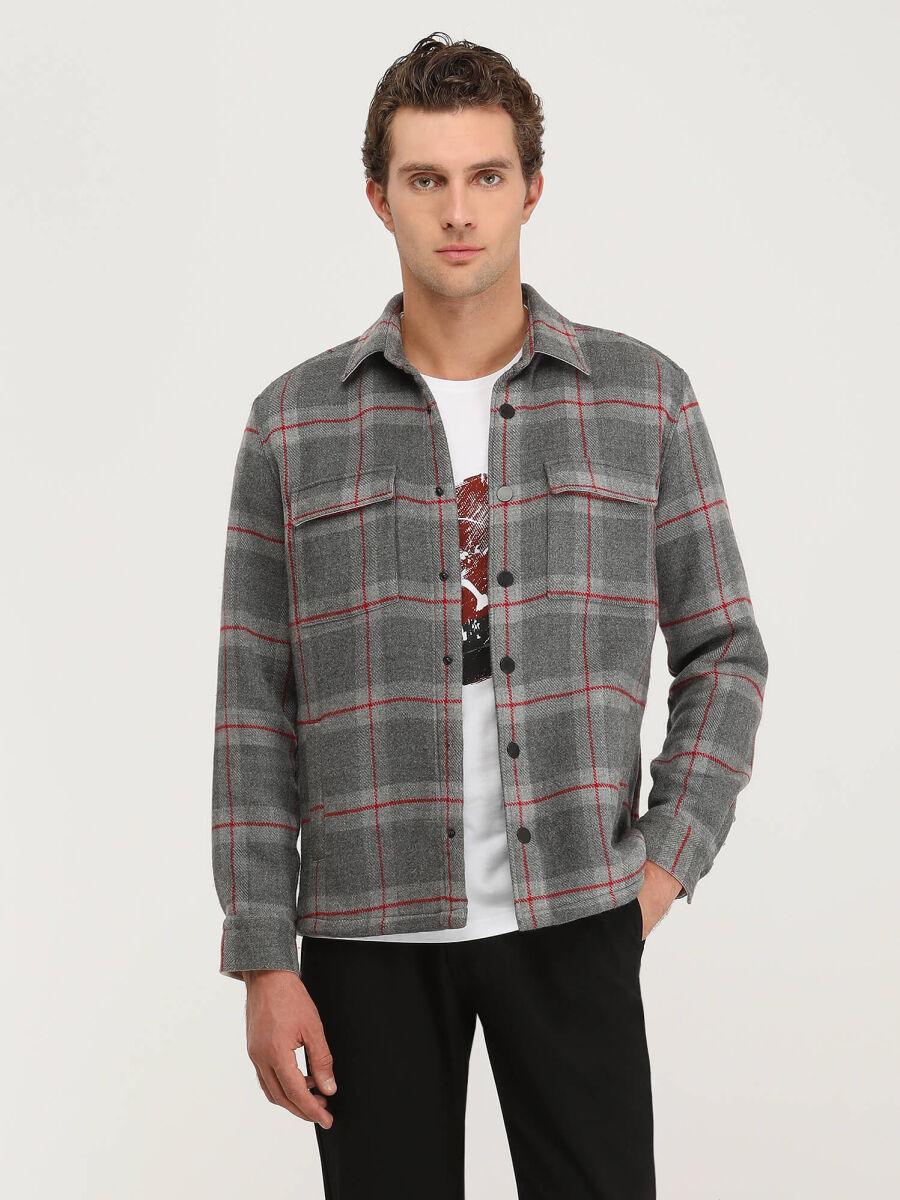 Gri Regular Fit Uzun Dokuma Overshırt - 1