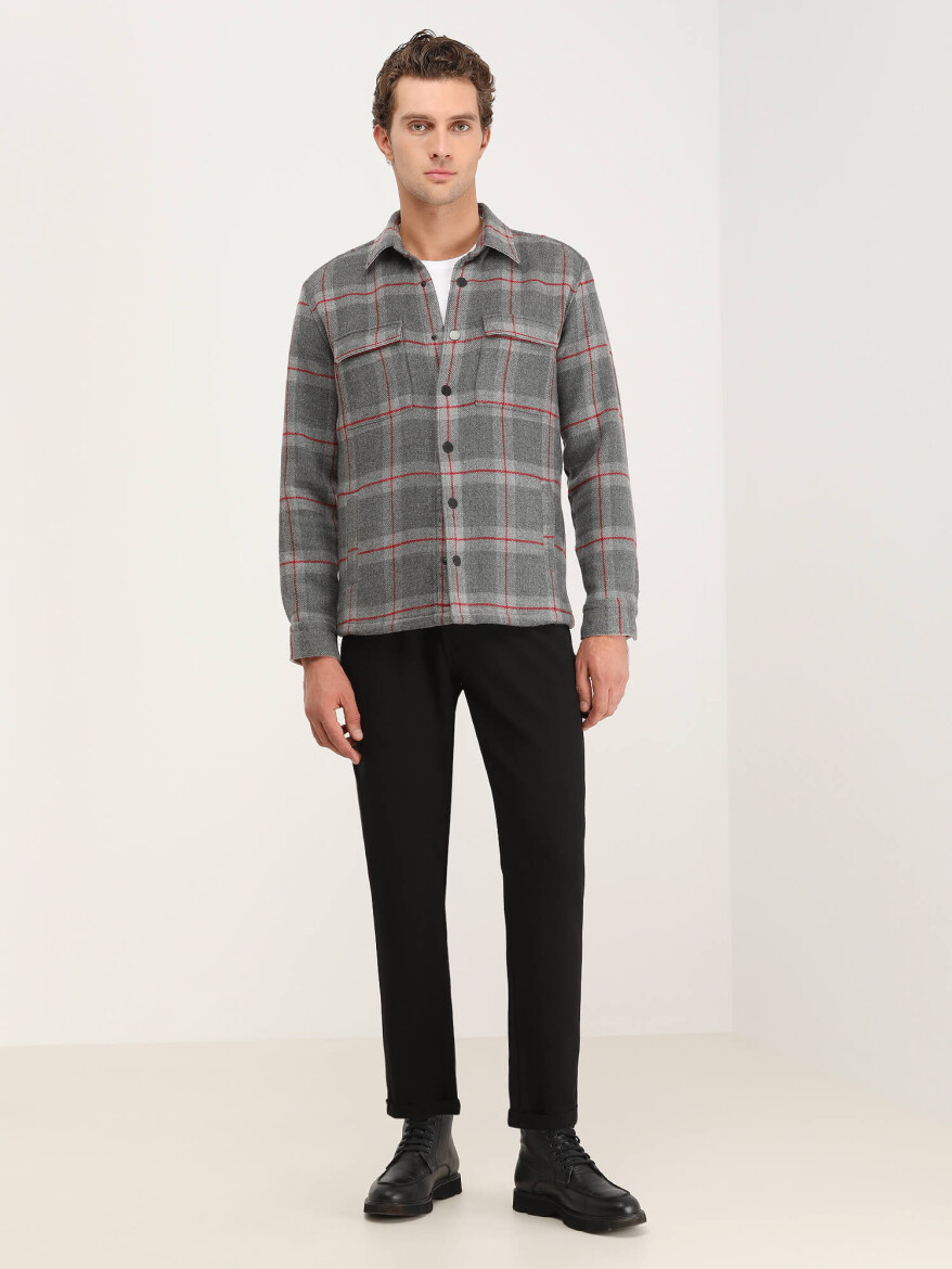 Gri Regular Fit Uzun Dokuma Overshırt - 3