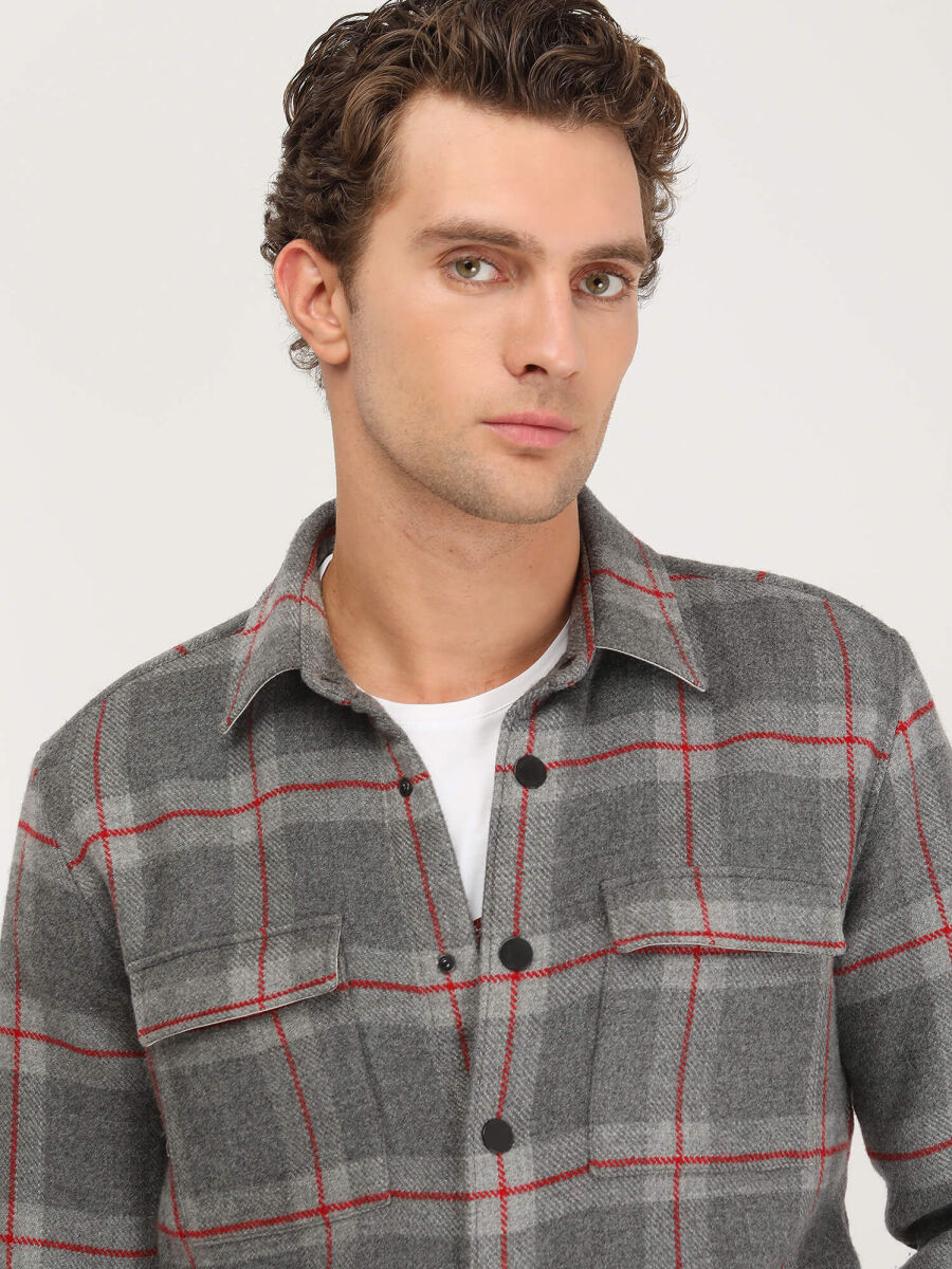 Gri Regular Fit Uzun Dokuma Overshırt - 4