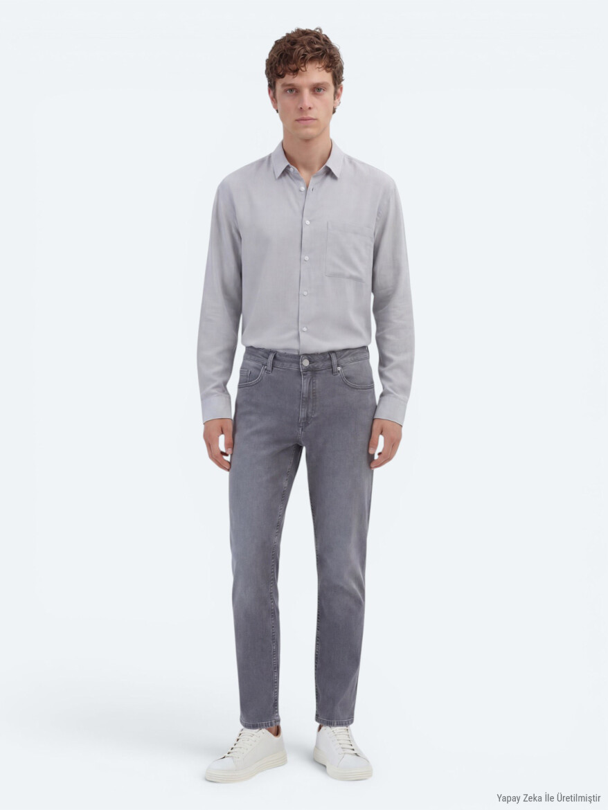 Gri Slim Fit Denim Pamuk Karışımlı Pantolon - KİP