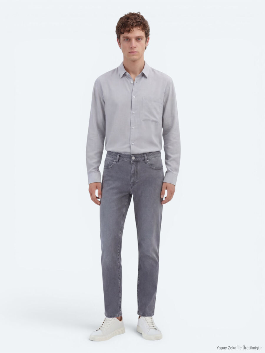 Gri Slim Fit Denim Pamuk Karışımlı Pantolon - 1