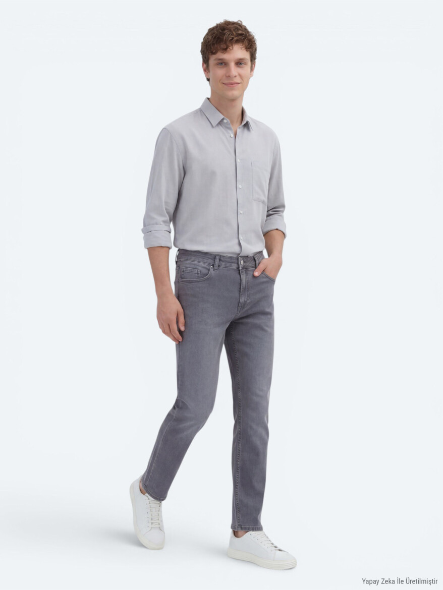 Gri Slim Fit Denim Pamuk Karışımlı Pantolon - KİP