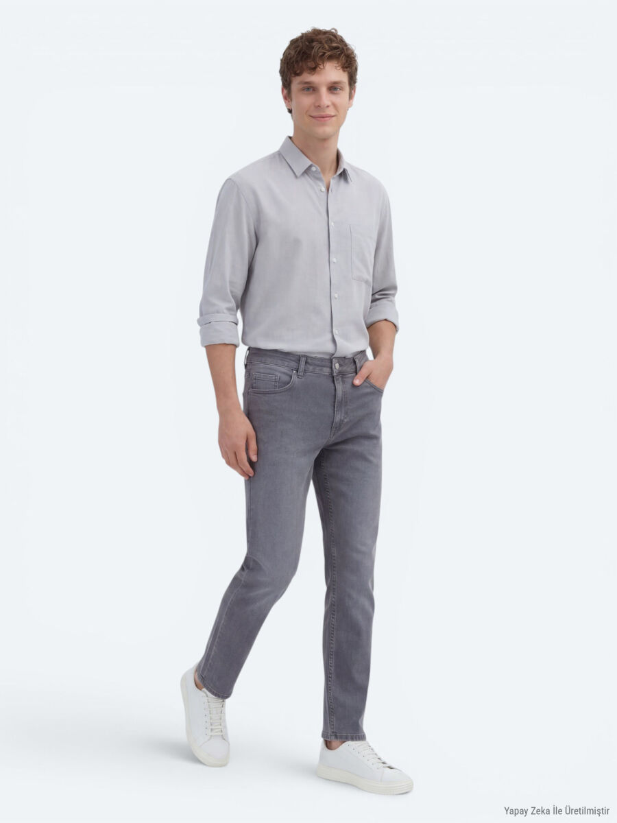 Gri Slim Fit Denim Pamuk Karışımlı Pantolon - 2