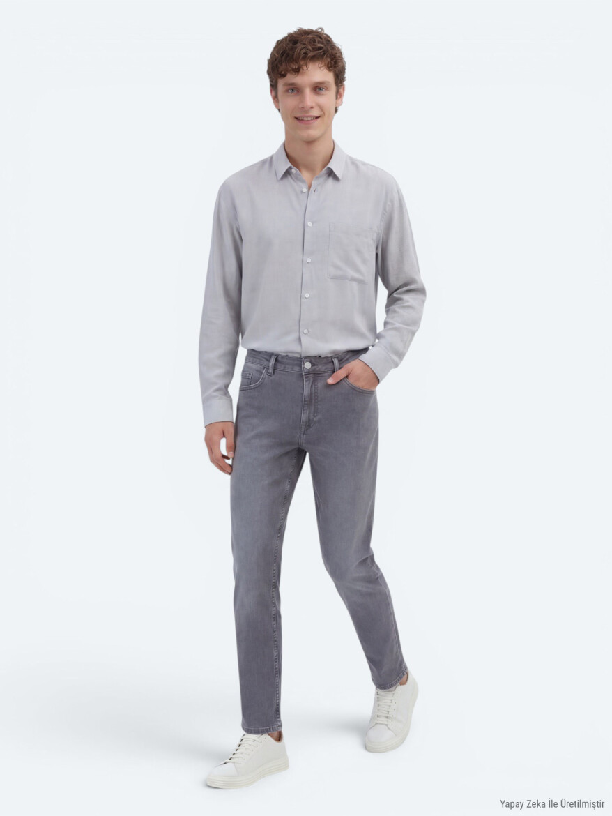 Gri Slim Fit Denim Pamuk Karışımlı Pantolon - 3