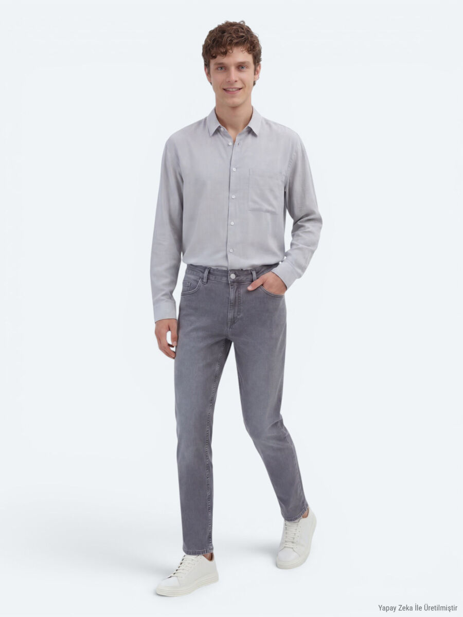 Gri Slim Fit Denim Pamuk Karışımlı Pantolon - 3