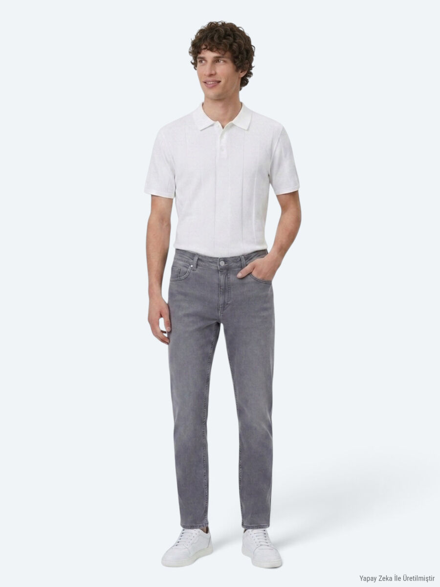 Gri Slim Fit Denim Pamuk Karışımlı Pantolon - 2