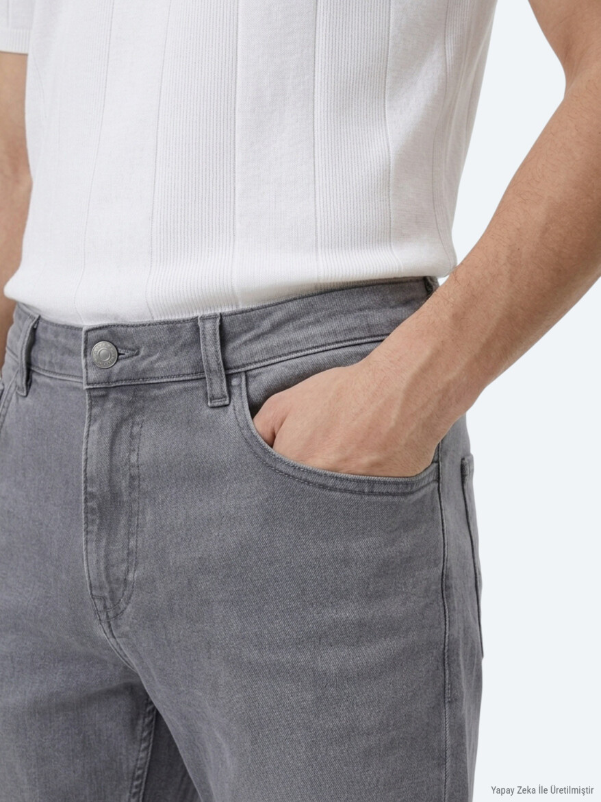 Gri Slim Fit Denim Pamuk Karışımlı Pantolon - 4