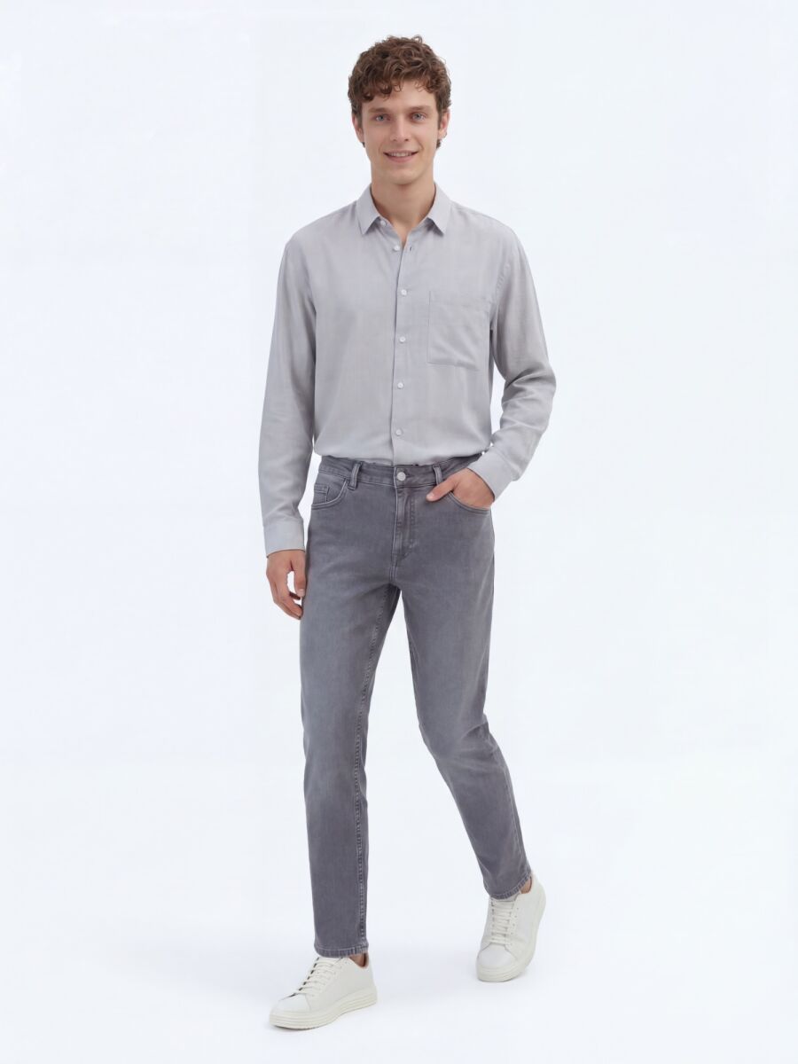 Gri Slim Fit Denim Pamuk Karışımlı Pantolon - 5
