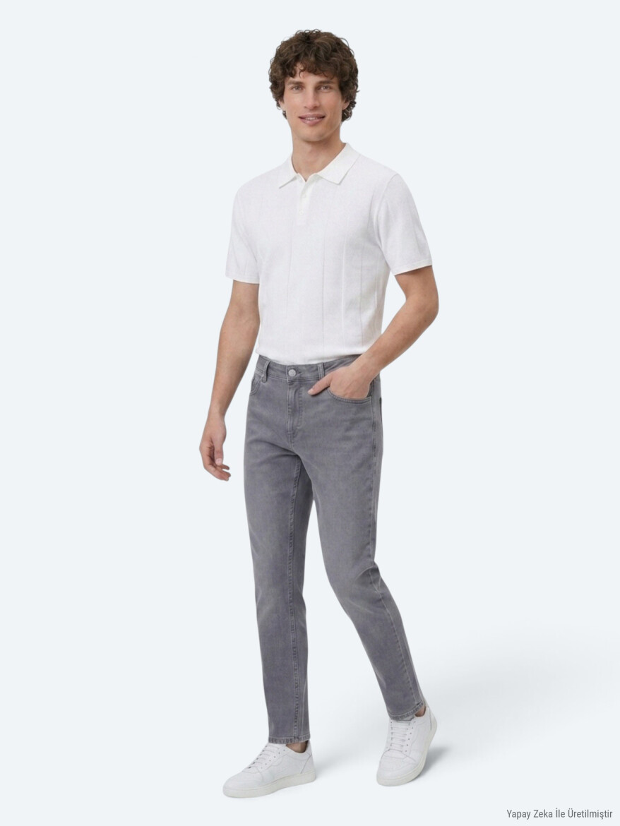 Gri Slim Fit Denim Pamuk Karışımlı Pantolon - 6