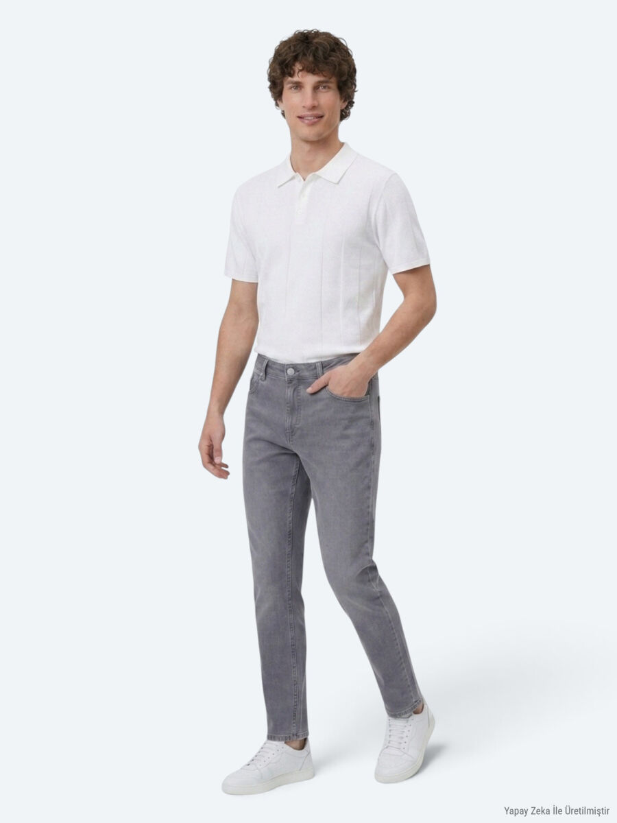 Gri Slim Fit Denim Pamuk Karışımlı Pantolon - 6