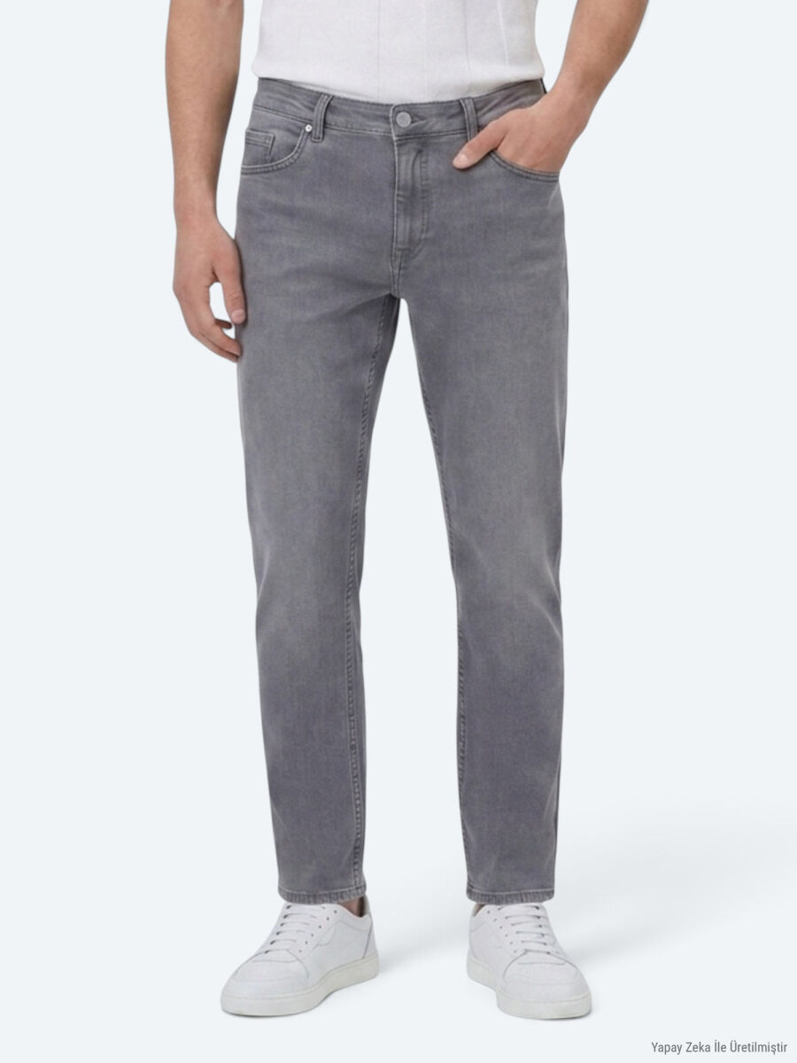 Gri Slim Fit Denim Pamuk Karışımlı Pantolon - 8