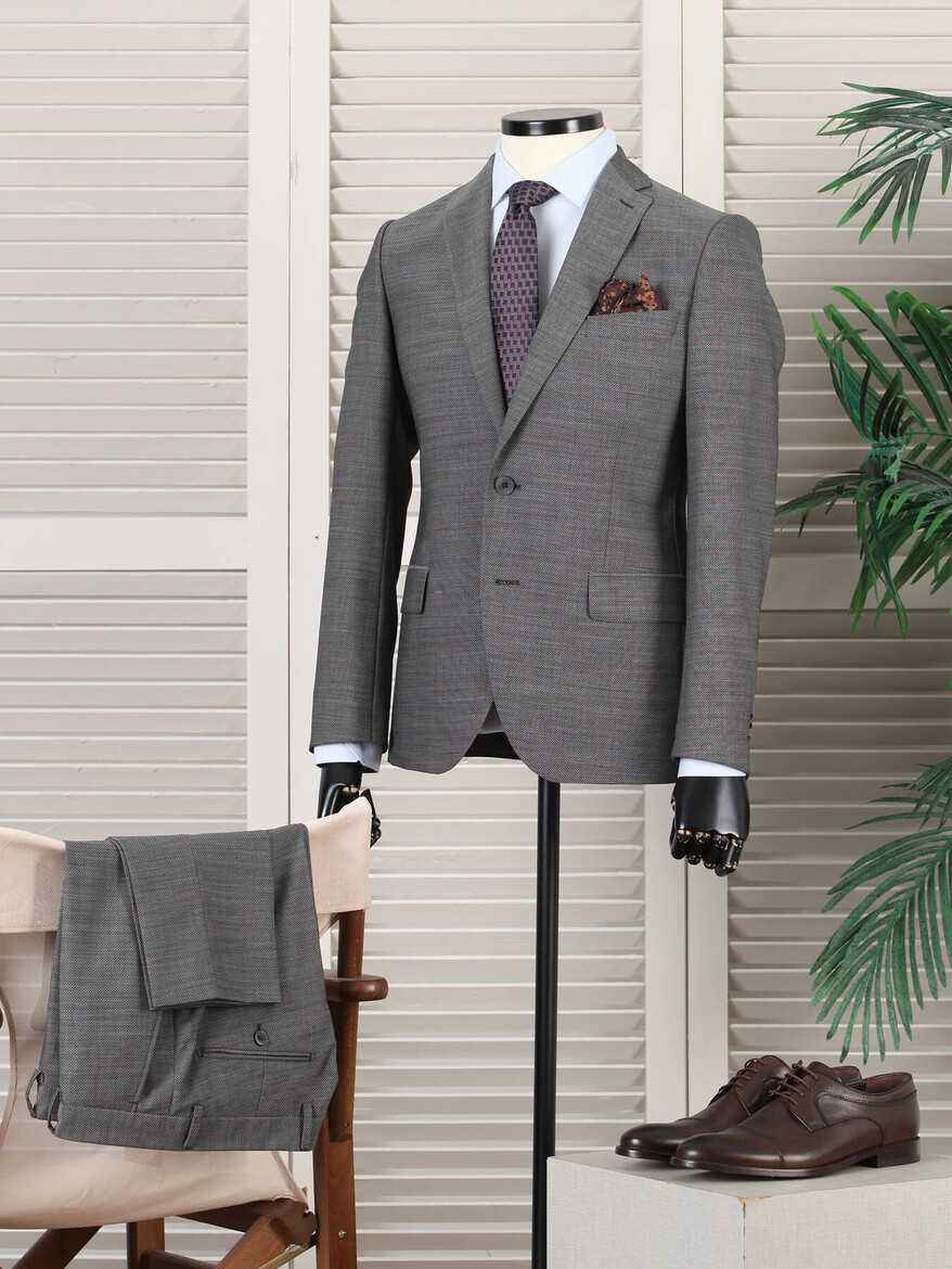 Gri Slim Fit Yün Karışımlı Takım Elbise - 1