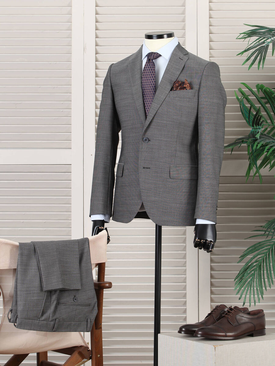 Gri Slim Fit Yün Karışımlı Takım Elbise - 1