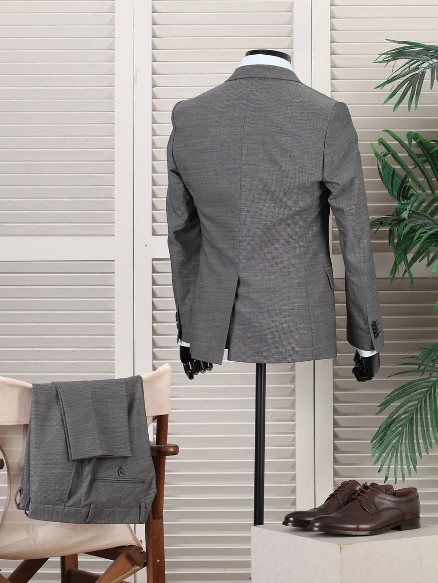Gri Slim Fit Yün Karışımlı Takım Elbise - 2