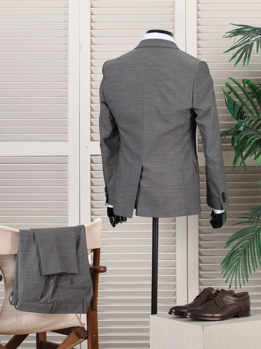 Gri Slim Fit Yün Karışımlı Takım Elbise - 2