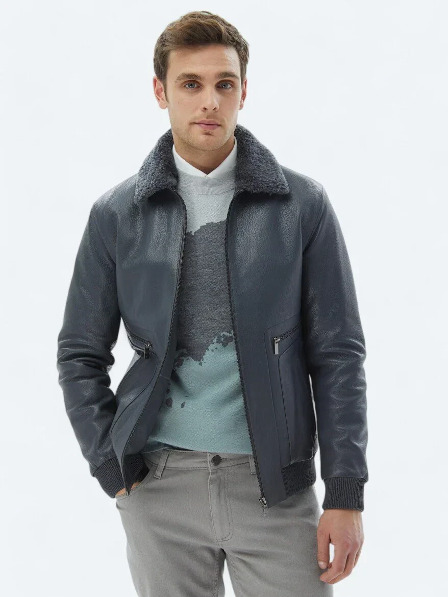 Gri Smart Casual Koyun Derisi Deri Mont - 1