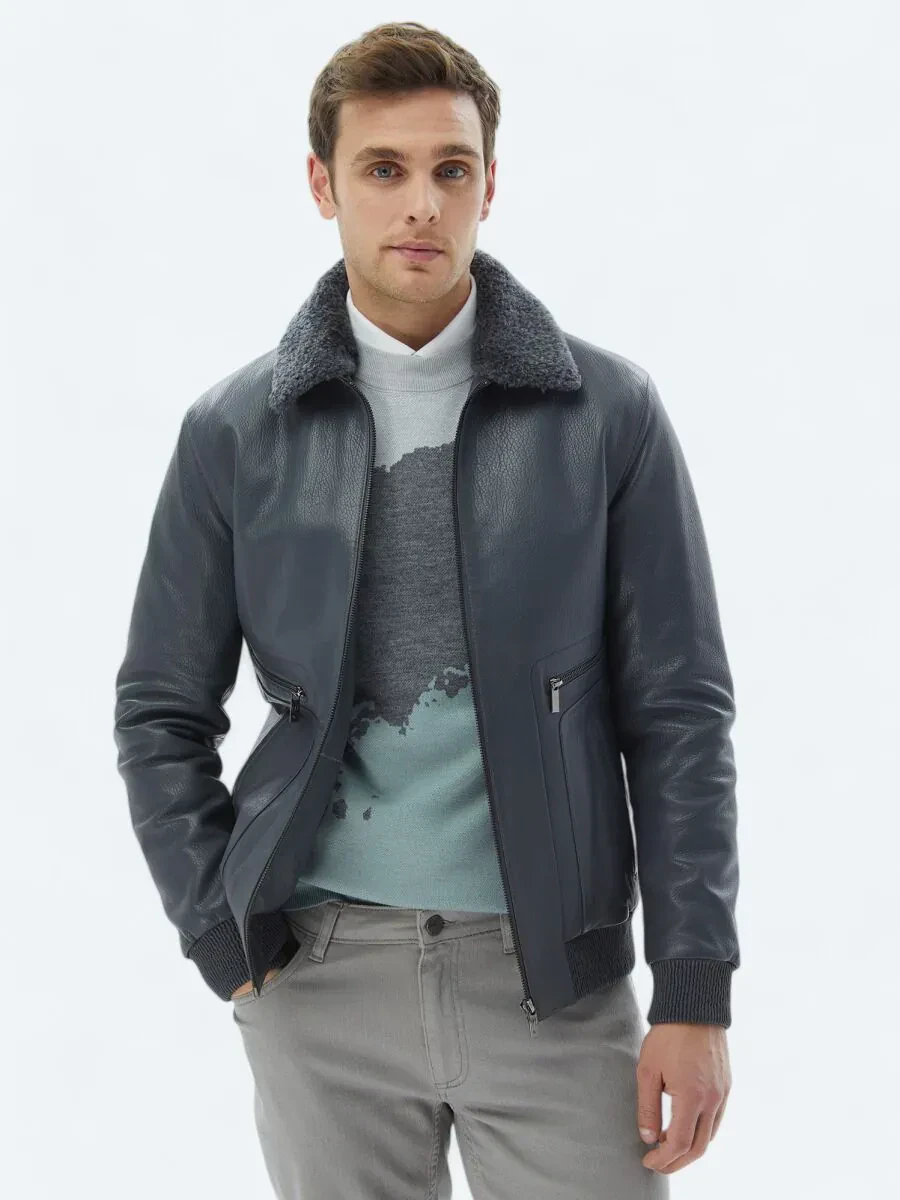 Gri Smart Casual Koyun Derisi Deri Mont - 1